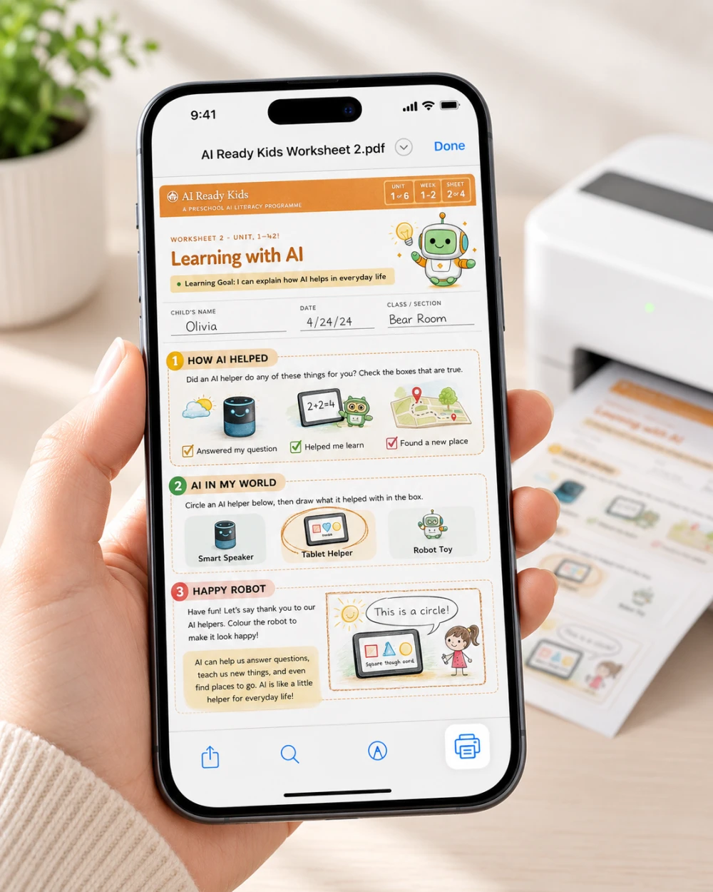 AI Ready Kids worksheet PDF opened on a phone with a printer nearby